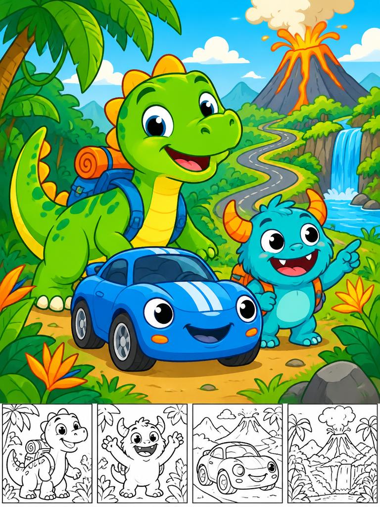 Capa ilustrativa — Dinossauros, Carros e Aventuras
